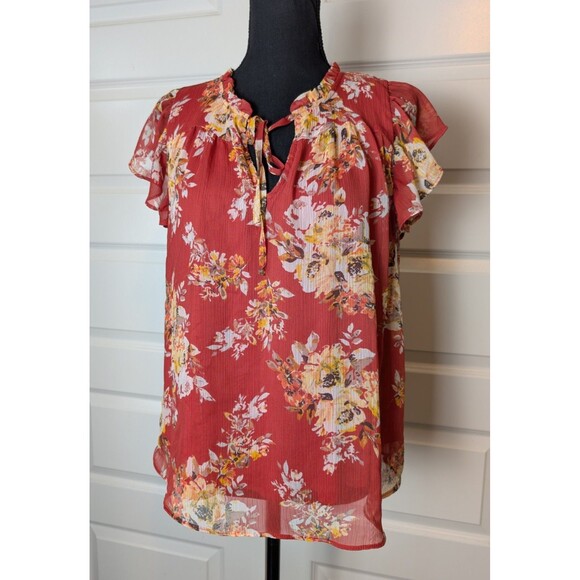 LC Lauren Conrad Tops - Lauren Conrad Blouse Top Size M Floral Flutter Sleeve Boho Flowy Cottage Peasant